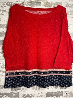 LOFT Red Heather Knit Top with Navy and Pink Accents